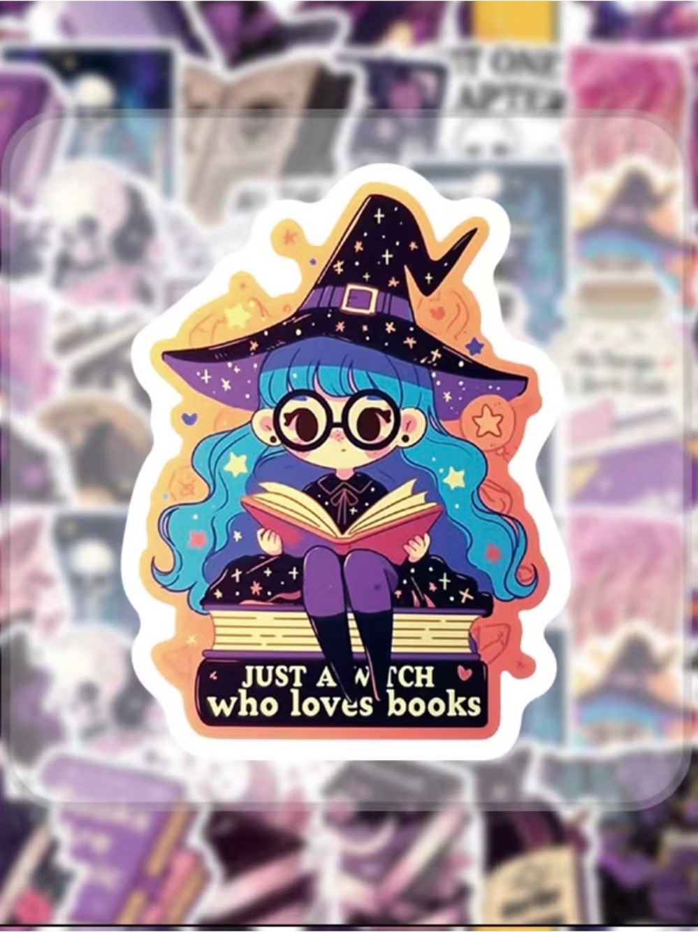 50 Witchy Book Stickers Purple Spooky Reading Cats Spell Books Hats Floral Cozy